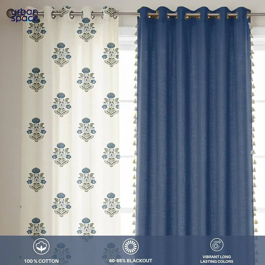 Urban Space Cotton Curtains for Door Combo Set of 3 Curtains 7 feet Long Room Darkening Curtain Tieback & Eyelets Included with Curtains Liberty Blue & Aura Indigo