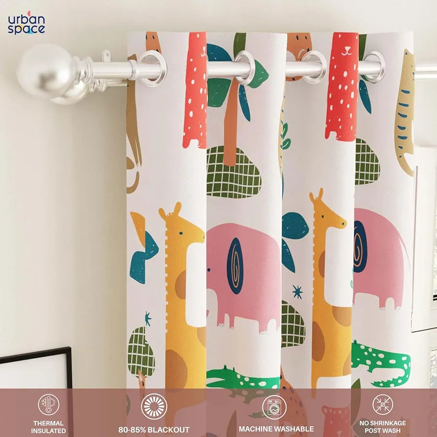 Urban Space Digital Printed Blackout Curtains for Door Bedroom Room Darkening Blackout Kids Decorative Curtains, 1 Piece Curtain Jungel Safari Buttercream