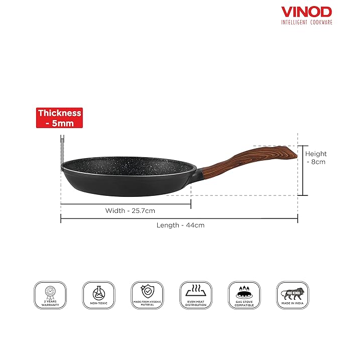 Vinod Zest Plus Die Cast Aluminium Frypan - 24 cm | Skillet Pan for Frying, Saute | 5mm Thick | 5 layer Coating| Wooden Finish Handle