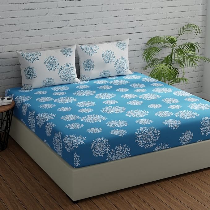 Huesland by Ahmedabad Cotton 144 TC Cotton Bedsheets for King Size Bed with 2 Pillow Covers | Blue & White