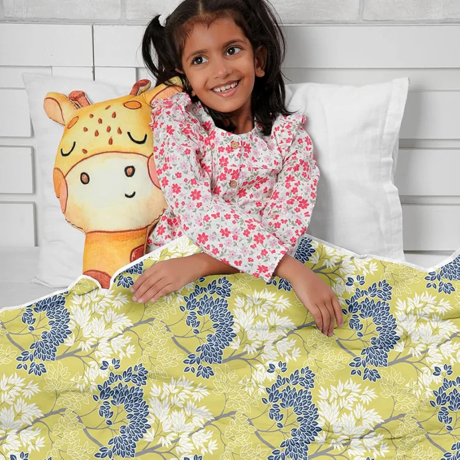 Divine Casa Floret 100% Cotton Single Kids Dohar 120 GSM Soft & Lightweight Throw Blanket Colour Lemon Drop