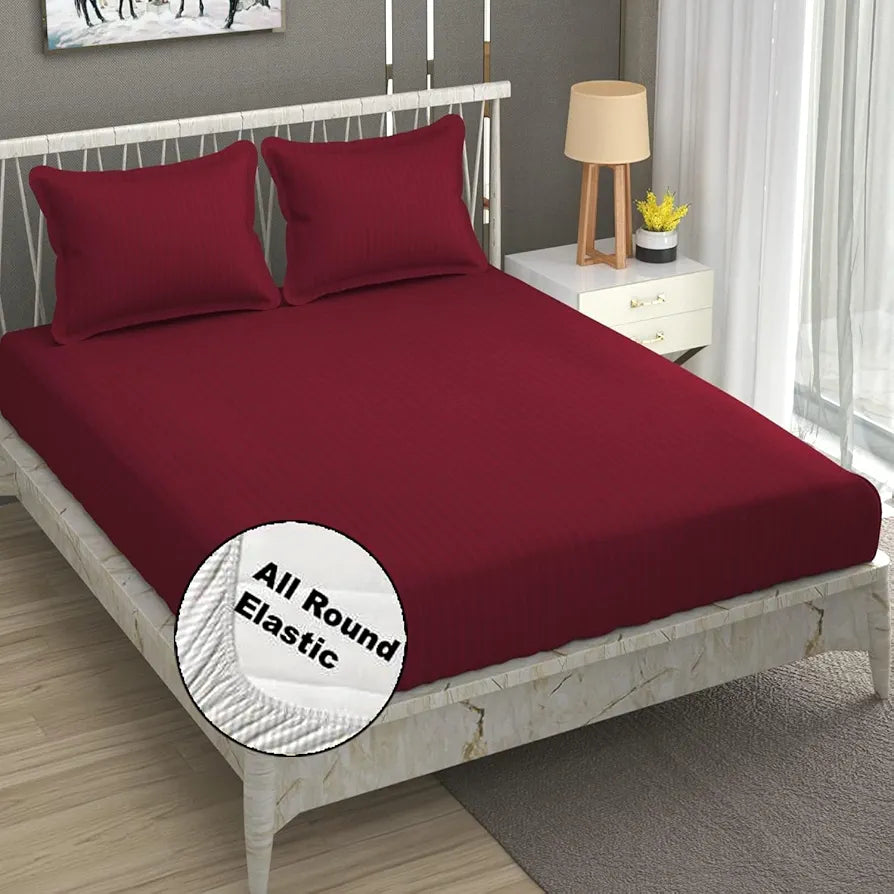Fresh From Loom 240 TC Satin Striped Soft Fitted Bedsheet King Size Bed with Two Pillow Cover Elastic Multicolor Maroon