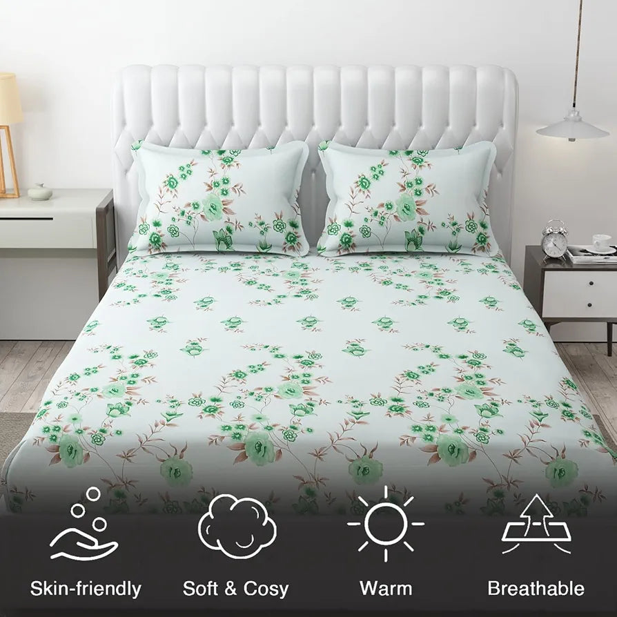Fresh From Loom Microfiber Rotary Printed Bed Sheet Set King Size Hypoallergenic Wrinkle Free with 2 Pillow Covers Cyan Floral Design