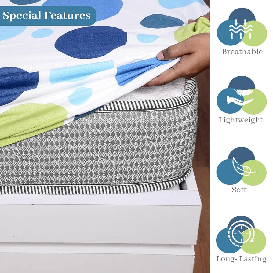 Divine Casa 144 TC Polka Print Blue Skin Friendly 100% Cotton Elastic Fitted Bedsheets King Size Colour Blue Grotta