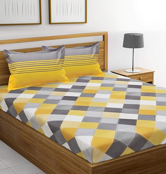 Huesland by Ahmedabad Cotton 144 Tc Cotton Double Bedsheet With 2 Pillow Covers - Yellow | Grey