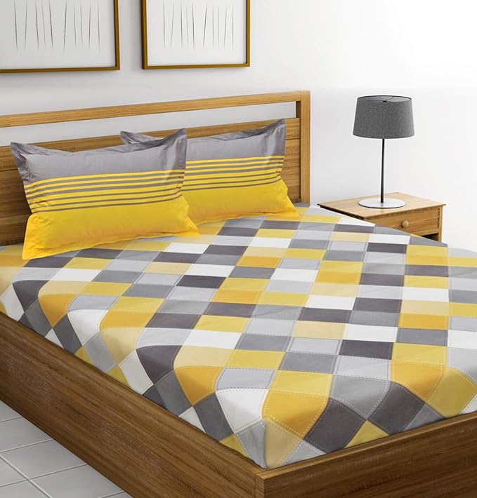 Huesland by Ahmedabad Cotton 144 Tc Cotton Double Bedsheet With 2 Pillow Covers | Yellow | Grey
