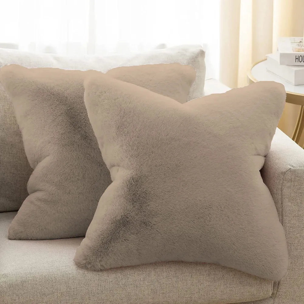 Luxe Home Cushion Cover One Side Rabbit Fur Plain Design Covers Set of 2 Colour Taupe