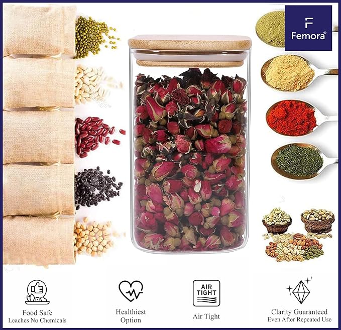 Femora Kitchen Storage Jars Borosilicate Glass Jar With Wooden Lid Air Tight Jar | 1000 Ml | Pack of 1