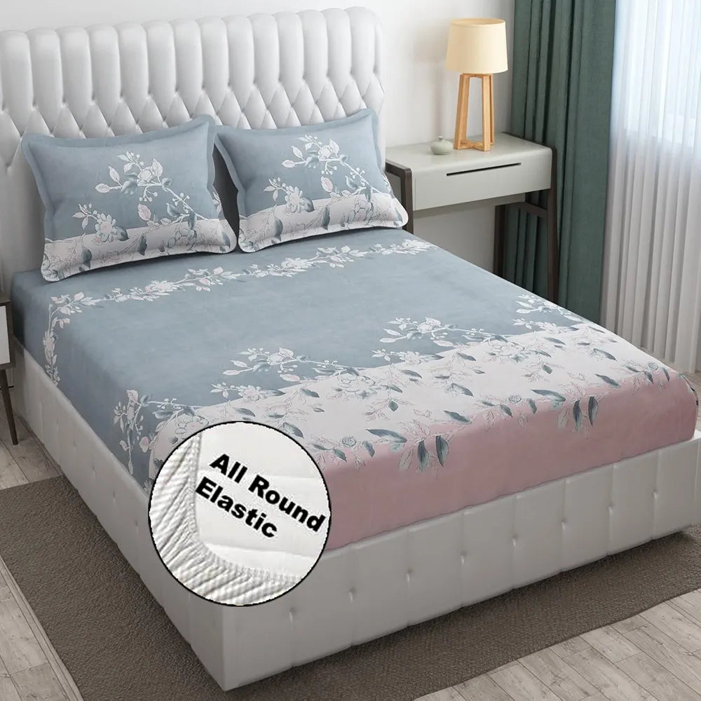 Fresh From Loom King Size Floral Print Microfiber Fitted Bedsheet Set 240 TC 2 Pillow Cover Grey Walnut