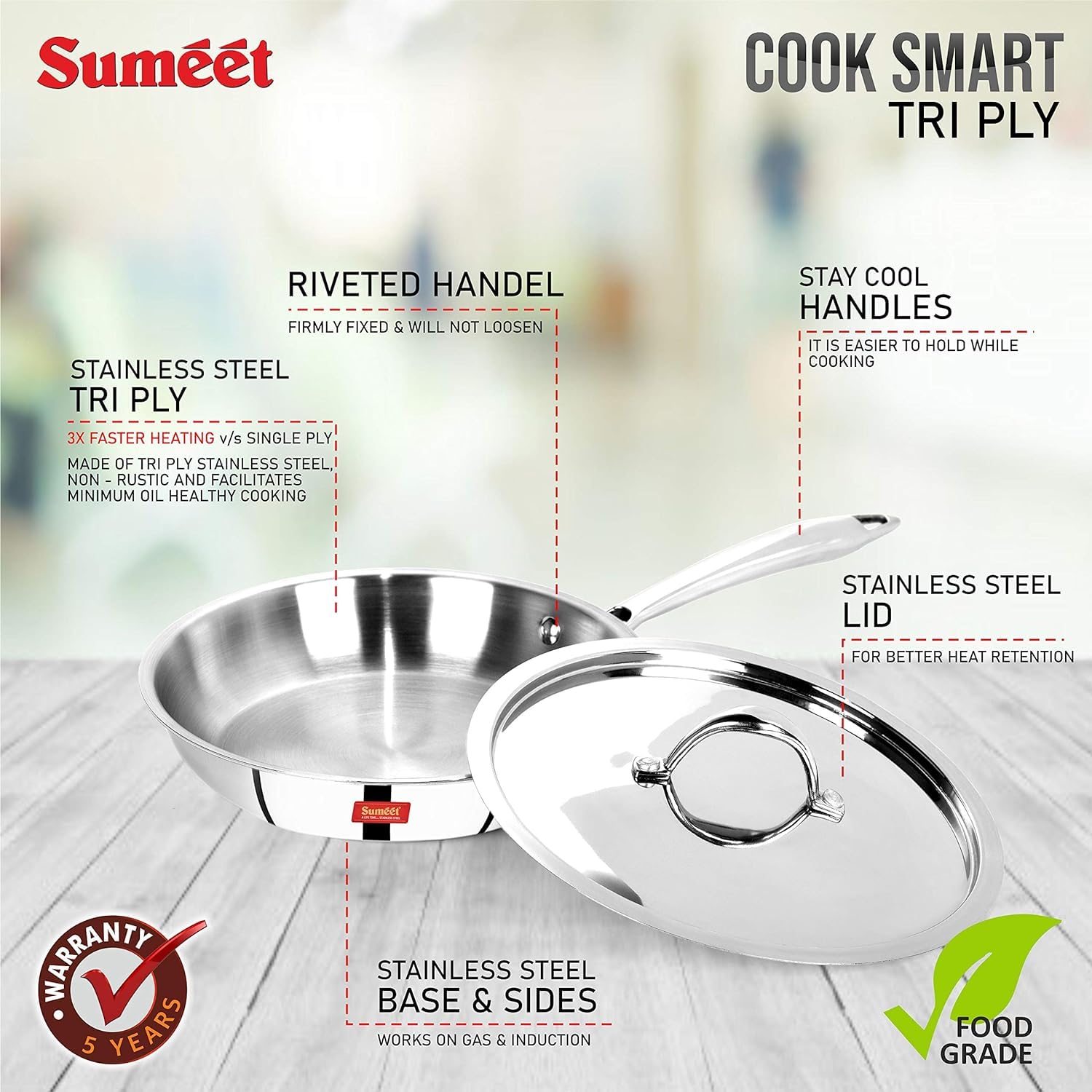 Sumeet Cook Smart TriPly Steel-Aluminium Steel 3 Layers Fry Pan with Lid 1.4 Ltr 22Cm