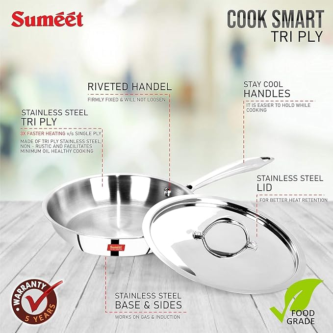 Sumeet Cook Smart TriPly SAS Steel Aluminium Steel 3 Layers Fry Pan with Lid 1 LTR - 20Cm