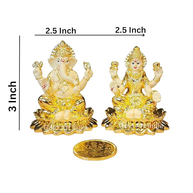 Gold Art India Kamal Laxmi Ganesh Gold Plated Off White Terracotta Idol for Home Gold Plated Coin