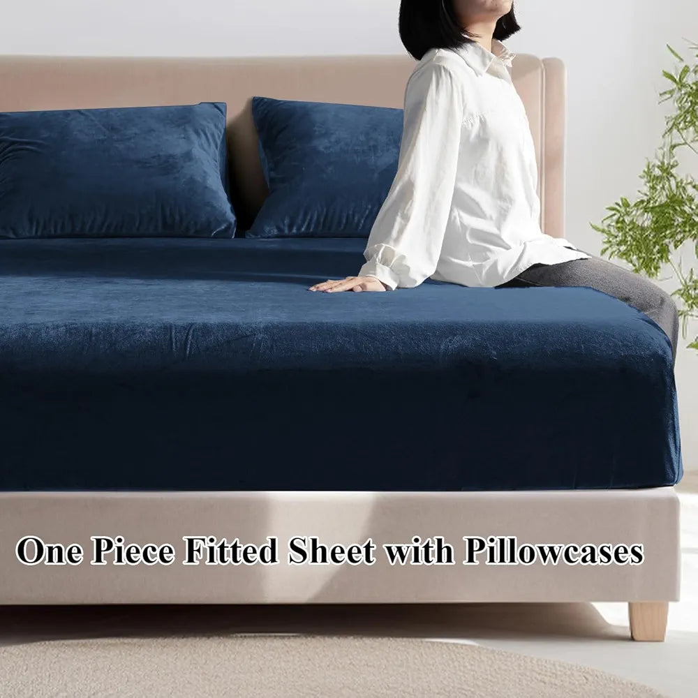 Cloth Fusion 200 TC Warm Winter Elastic Fitted Bedsheet for Double Bed King Size with 2 Pillow Covers Navy