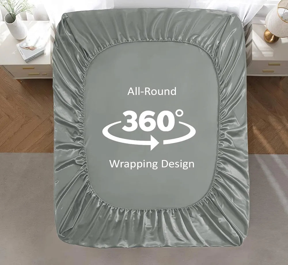 Cloth Fusion Satin Elastic Fitted Bedsheets Double Bed Luxury Queen Size with 2 Pillow Covers H603 280 TC Silver