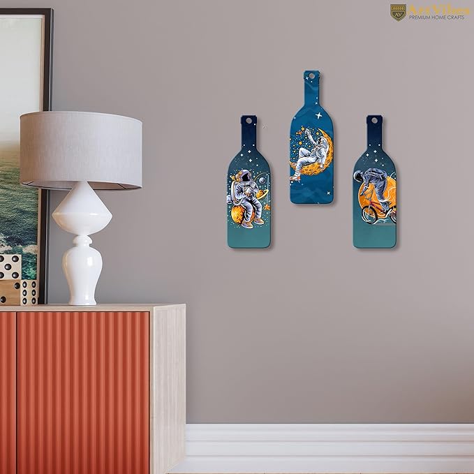 Artvibes Astronaut in Space Wooden Wall Hanging for Home Decor | Set of 3