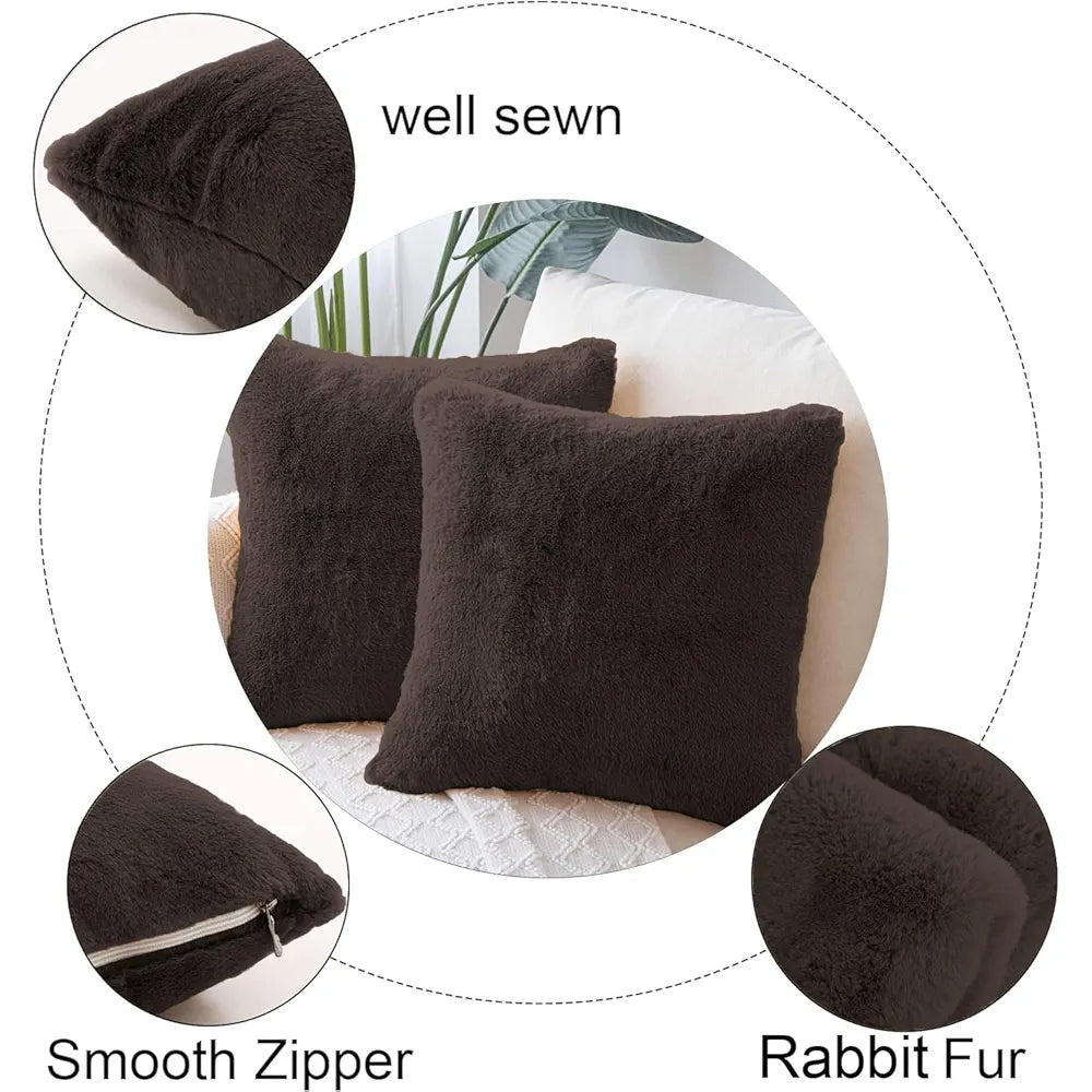 Luxe Home Cushion Cover Duble Side Rabbit Fur Plain Design Covers Set of 2 for Sofa Colour Chocolate