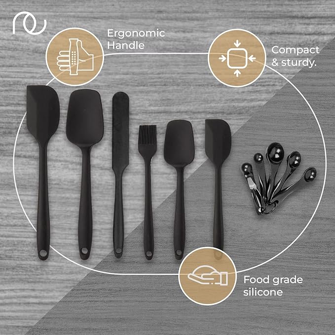 Frenchware Set of 6 + 5 Measuring Tablespoons, Black Colour | Non-stick Silicone Spatulas for Cooking & Baking | Dishwasher Safe