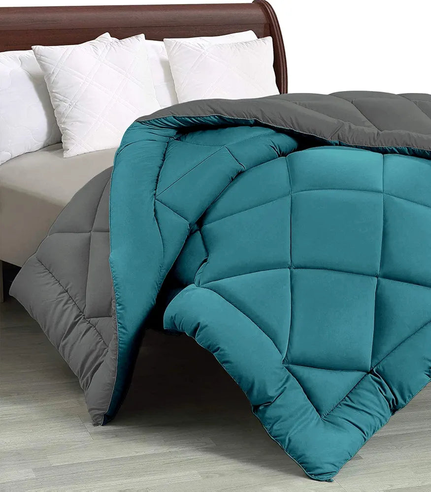 Cloth Fusion Reversible AC Comforter Single Bed Soft Microfibre Quilt Blanket for Winter Teal & Light Grey