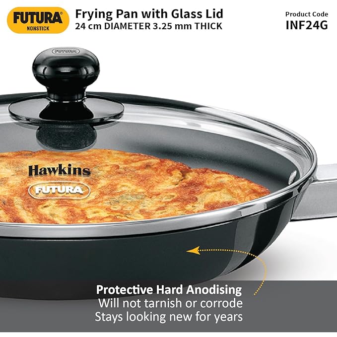 Hawkins Futura 26 cm Frying Pan Nonstick Fry Pan with Glass Lid Pan Black