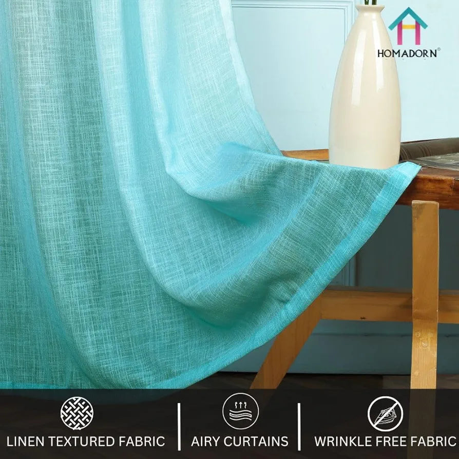 Homadorn Ombre Printed Linen Textured Sheer Curtains Yellow + Sky