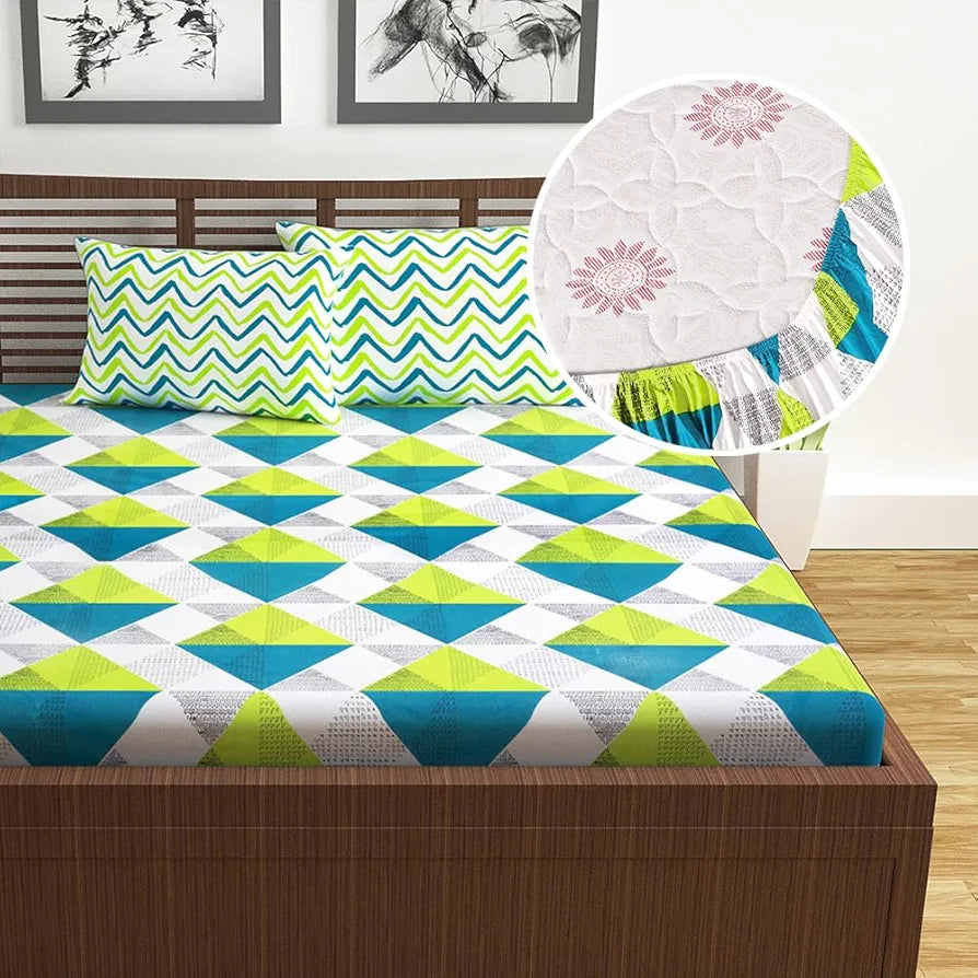 Divine Casa Green and Blue Abstarct Zig Zag Dual Print Pattern 120 TC Glace Cotton Elastic Fitted Printed Queen Size Double Bed Bedsheet with 2 Pillow Cover Love Bird
