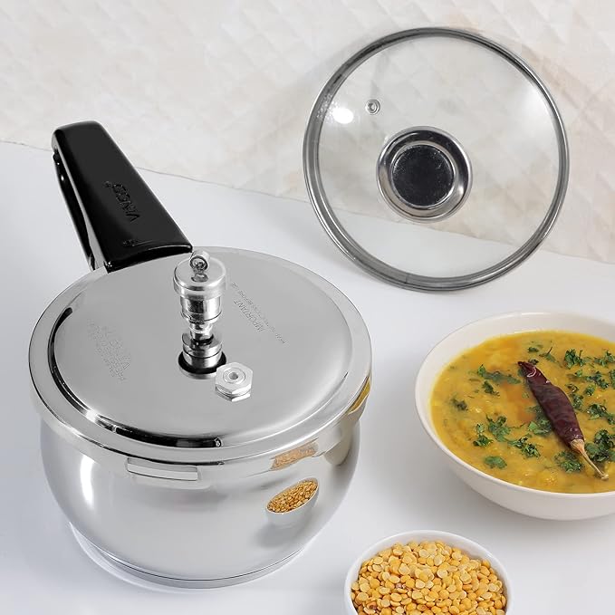 Vinod Splendid Plus Stainless Steel Pressure Cooker Outer Lid 1.5 Litre | SAS Bottom Handi Cooker | Extra Glass Lid