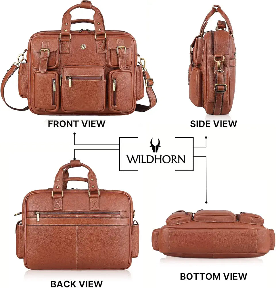 WildHorn Leather Laptop Bag for Men/Office Bag for Men | Fits Upto 15.6 Inch Laptop/MacBook | Laptop Messenger Bag/Leather Bag for Men I Dimension : L-16 inch W-4 inch H-13 inch