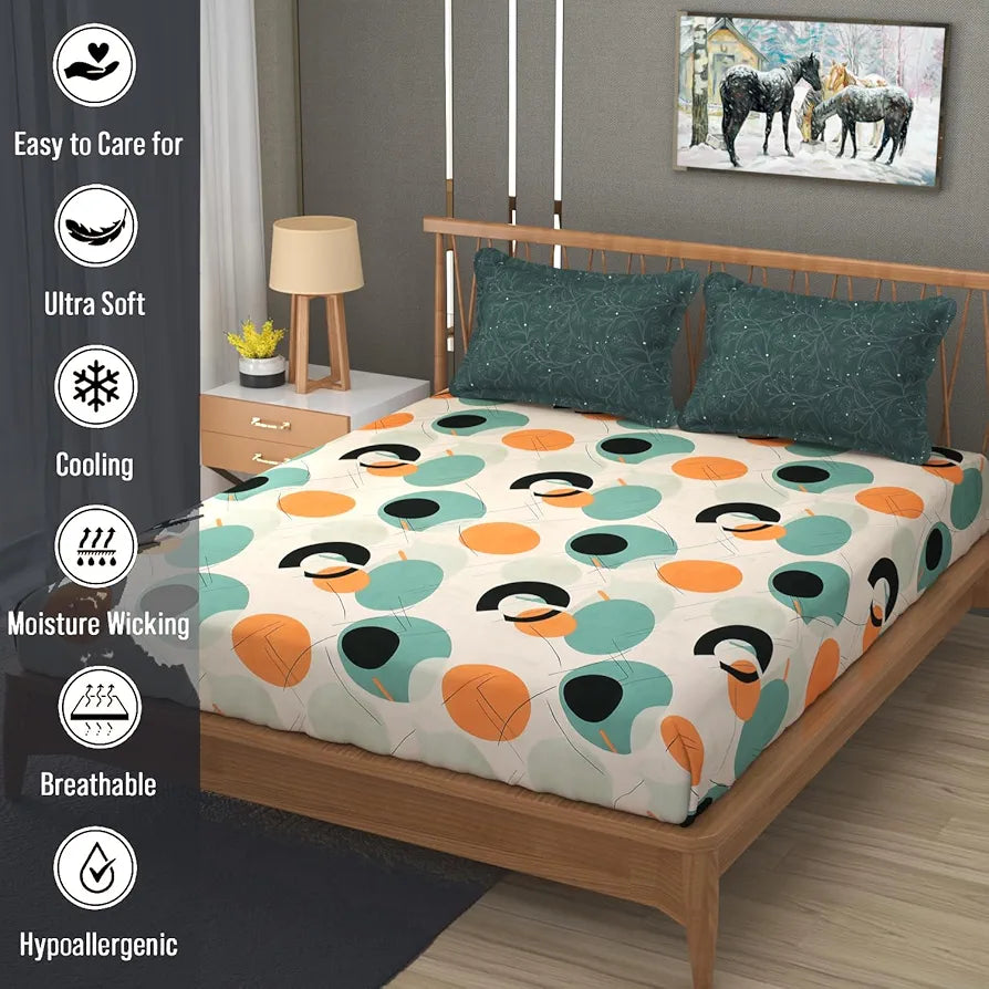Fresh From Loom Double Bed King Size Bedsheet 240 TC Anti Fade Printed Bed Cover with 2 Pillow Cover Oval Seegreen