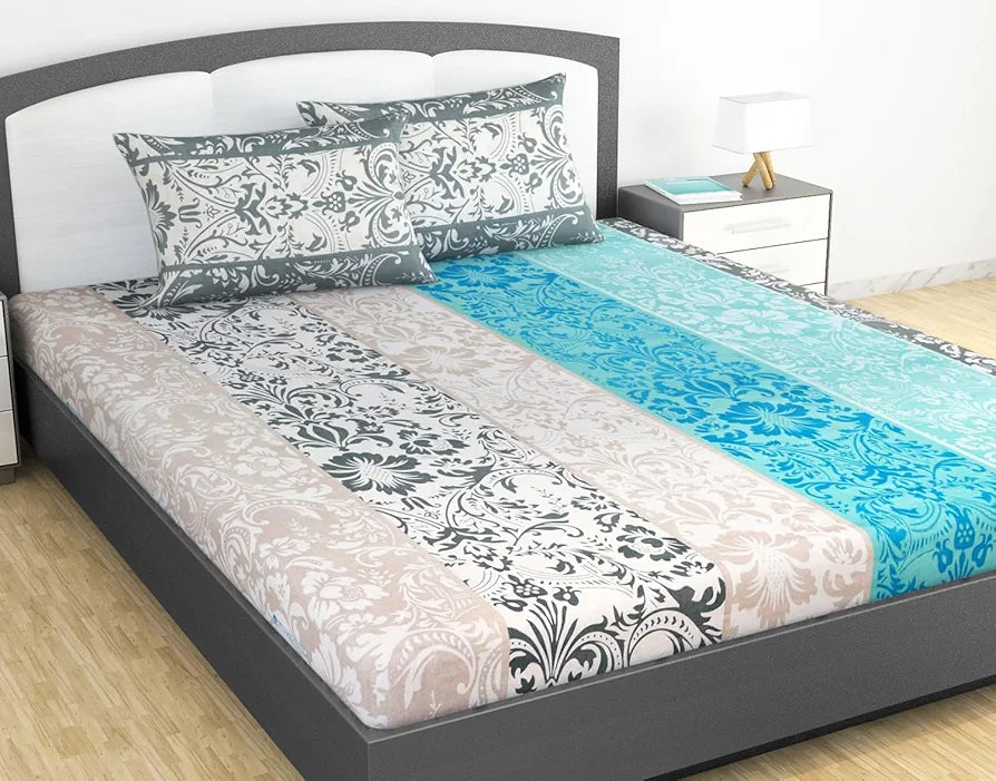 Divine Casa 100% Cotton 144 TC King Size Bedsheet with 2 Pillow Covers Colour Grey & Blue