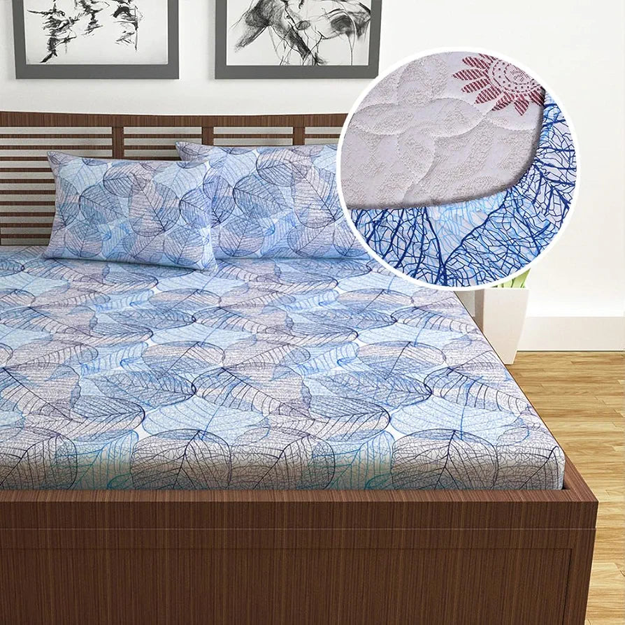 Divine Casa 144 TC Cotton Fitted Bedsheet for Double Bed Elegant Iris Print Dry Leaf Blue Elastic Fit with 2 Pillow Covers