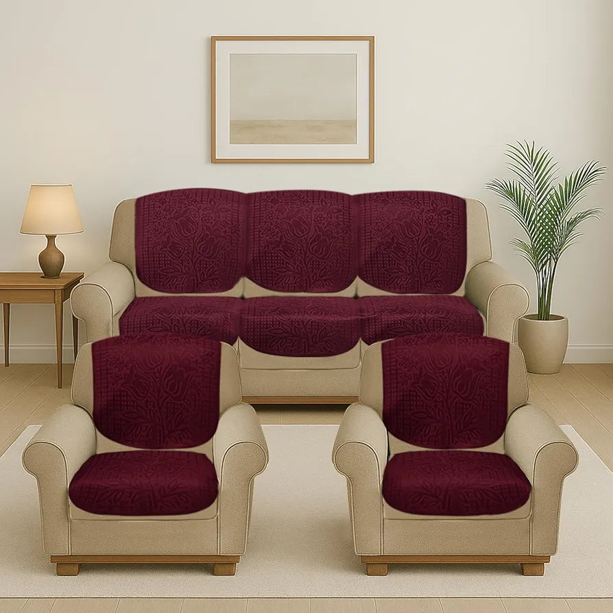 Cloth Fusion Italian Velvet Sofa Cover 5 Seater Set Perfect Floral Embossed Sofa Cover 3 Seater and 2 Seater Maroon