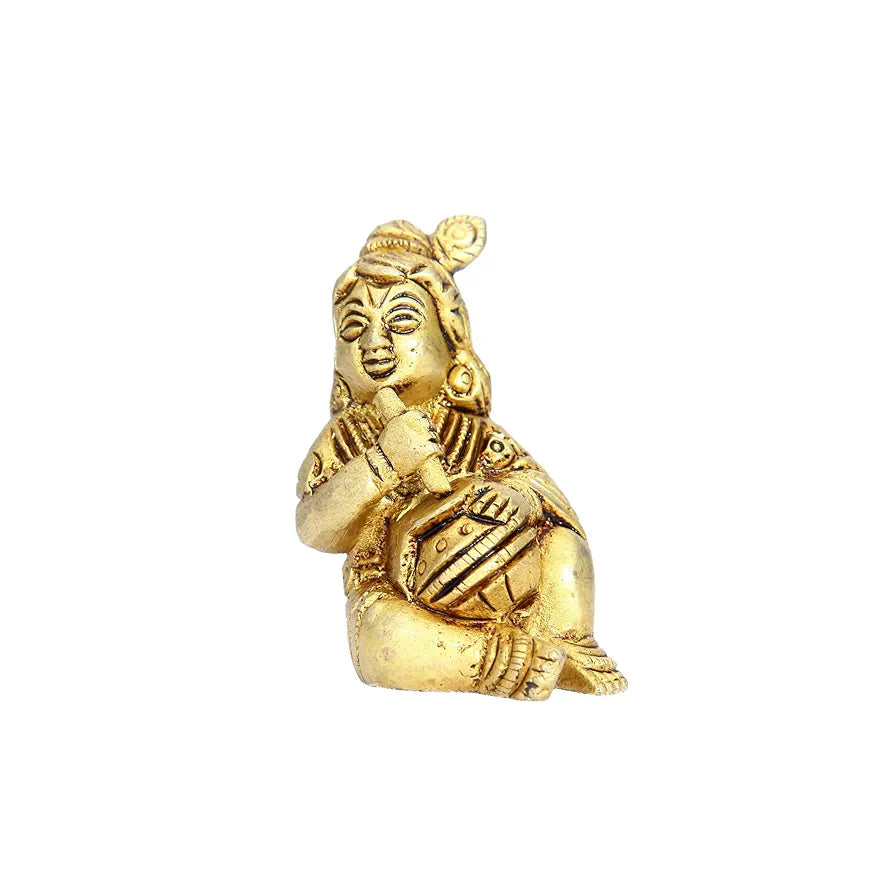 anciently Makhan Chor Krishna Idol Mini | Makhan Chor Krishna Murti Mini | Makhan Chor Idol Brass, 5.5 CM Height, Gold Colour, 1 Piece