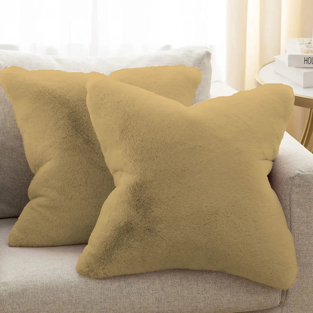 Luxe Home Cushion Cover One Side Rabbit Fur Plain Design Covers Set of 2 Colour Anti Gold
