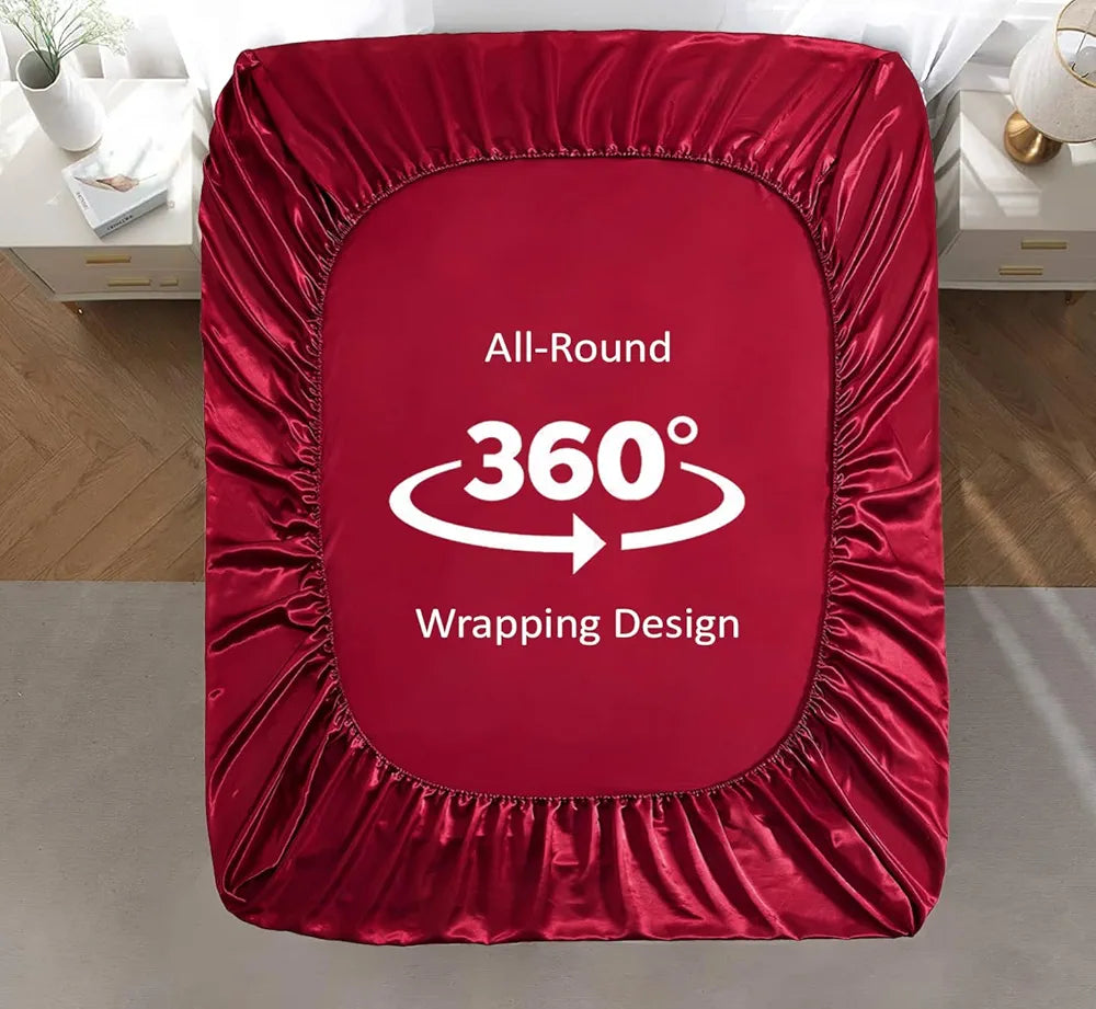 Cloth Fusion Satin Elastic Fitted Bedsheets Double Bed Luxury Queen Size Bed Sheet with 2 Pillow Covers Crimson Red