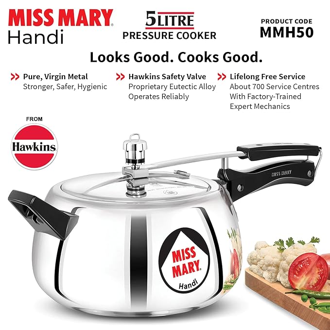 Hawkins 5 Litre Miss Mary Handi Pressure Cooker Inner Lid Cooker Silver Aluminium