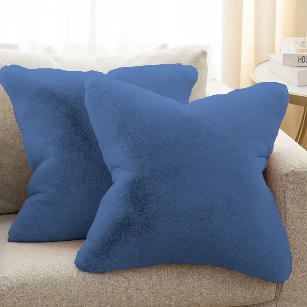 Luxe Home Cushion Cover One Side Rabbit Fur Plain Design Covers Set of 2 Colour Blue