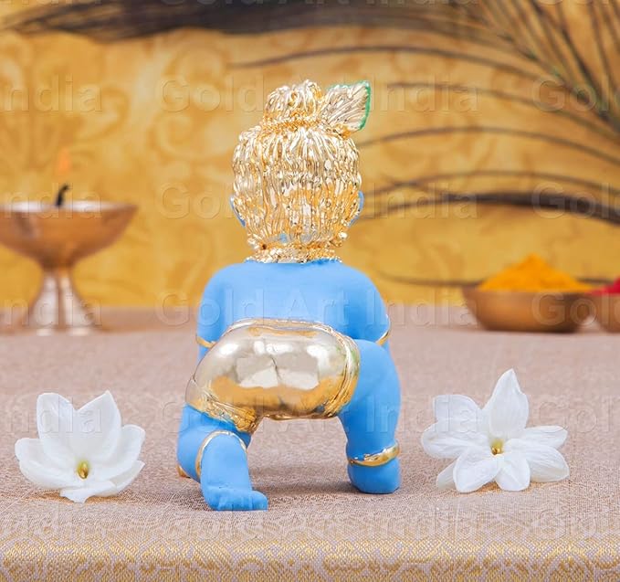 Gold Art India Ceramic Laddu Gopal Idol Gold pated with Blue Terracotta Finish Lord Krishna