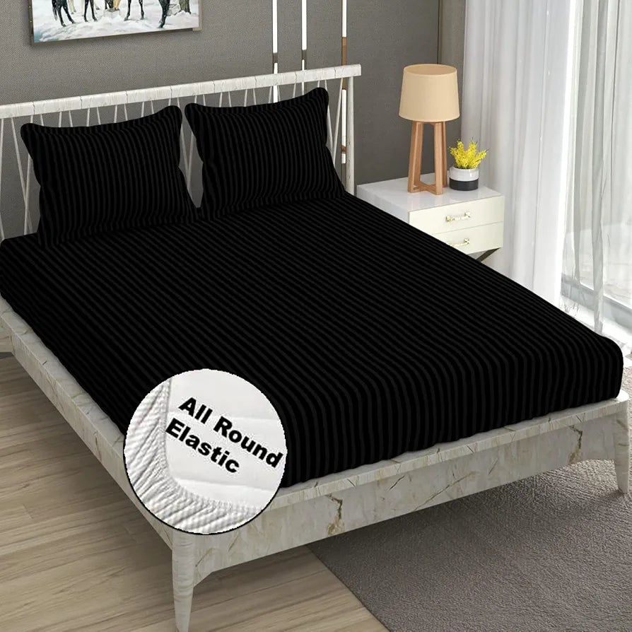 Fresh From Loom Satin Striped Soft Fitted Bedsheet King Size Bed with Two Pillow Cover Elastic 240 TC Black