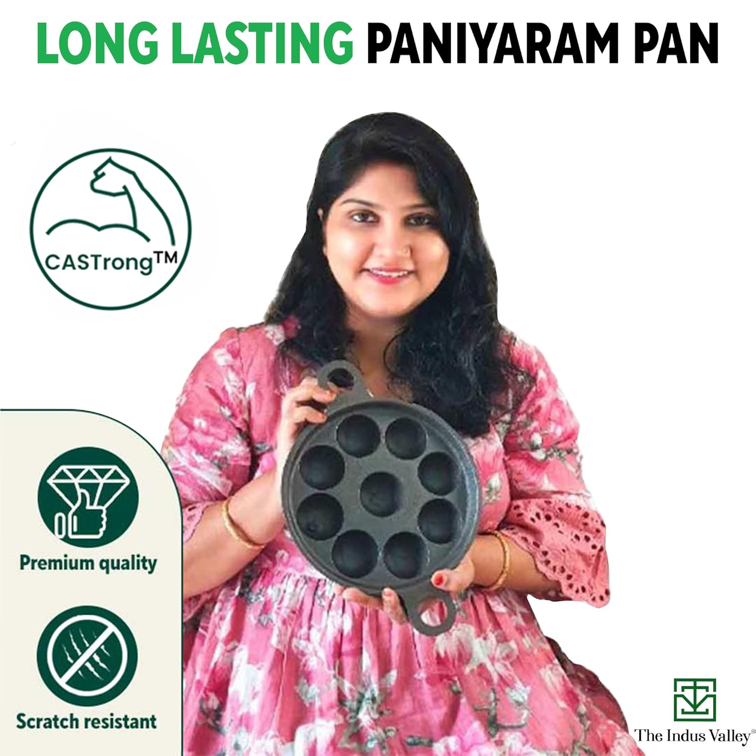 The Indus Valley Super Smooth Cast Iron Paniyaram Pan with Glass Lid | 9 Pit | 20.8cm/8.2inch | 2.7kg | Gas Compatible