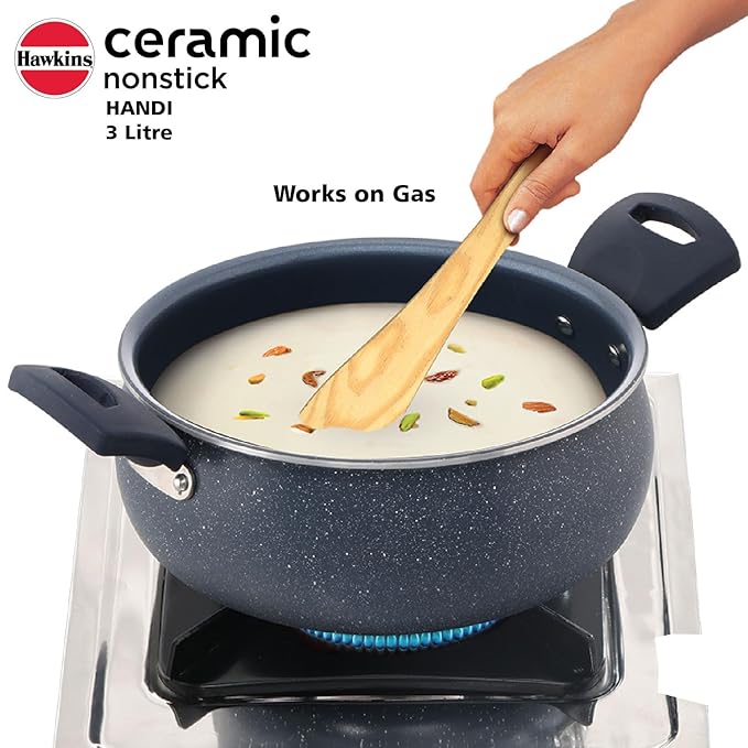 Hawkins Ceramic Nonstick Handi with Glass Lid 3 litre, Induction Biryani Pot