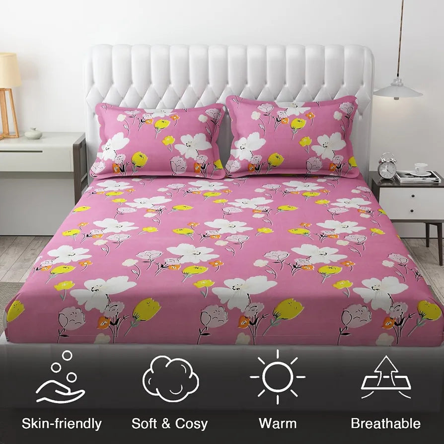 Fresh From Loom Floral Design Bed Spread With Pillow Covers Hypo-Allergenic Microfiber King Bedsheet For Double Bed Wrinkle Free Bedsheets Bedcover 144 TC Punch Pink