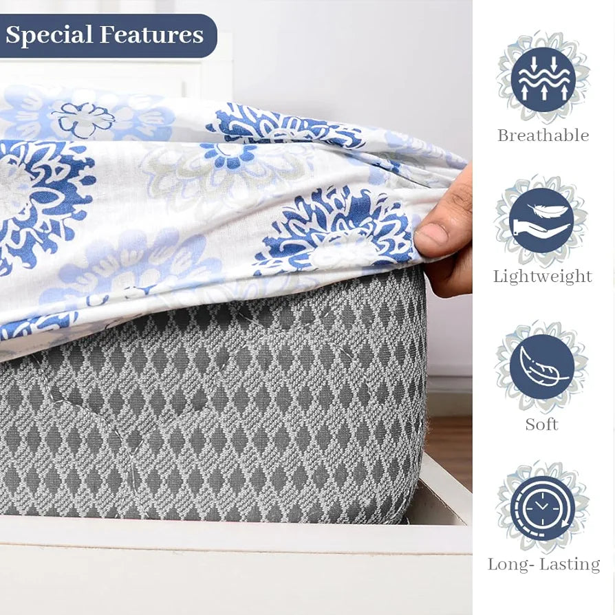 Divine Casa 144 TC Floral Grey 100% Cotton Elastic Fitted Bedsheets King Size with 2 Pillow Covers Colour Dutch Blue