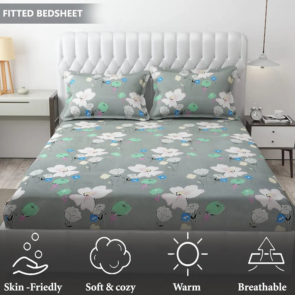 Fresh From Loom King Size Bed With Two Pillow Cover Soft Glace Cotton Fitted Bedsheet Elastic Fitted Bed Sheets 144 TC Leaf Grey