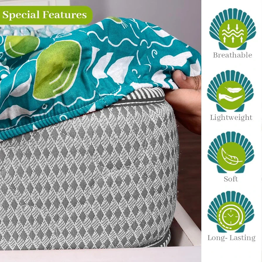 Divine Casa Blue and White Floral Pattern 144 TC 100% Cotton Elastic Fitted Printed Queen Size Double Bed Bedsheet with 2 Pillow Cover Colour Tile Blue