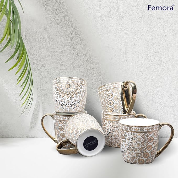 Femora Premium Ceramic Floral Medallion Coffee & Tea Cup Set of 6 | 160 Ml | Golden