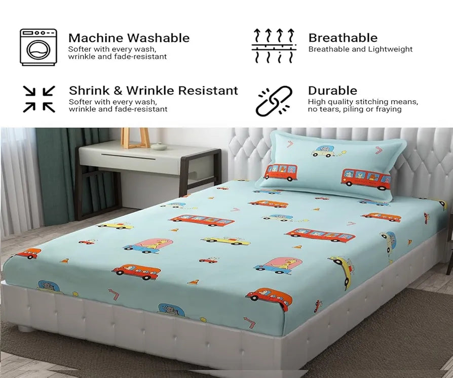Fresh From Loom Soft Hypoallergenic Bed Sheet Cartoon Printed Single Bedsheet Kids Bedsheet With 1 Pillow Cover 144 tc Aqua