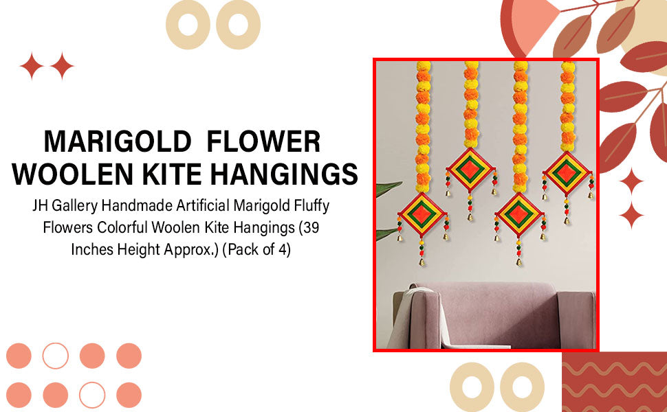 Handmade Artificial Marigold Fluffy Flowers Colorful Woolen Kite Bells Hangings 39 Inches Pack of 6