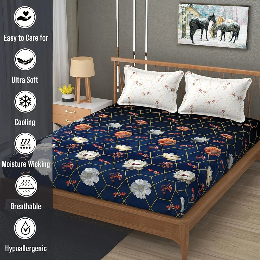 Fresh From Loom Floral Microfiber Cotton Bedsheet for Double Bed 240 TC Queen Size Soft Bed Sheet with 2 Pillow Cover Hexagon Royal Blue