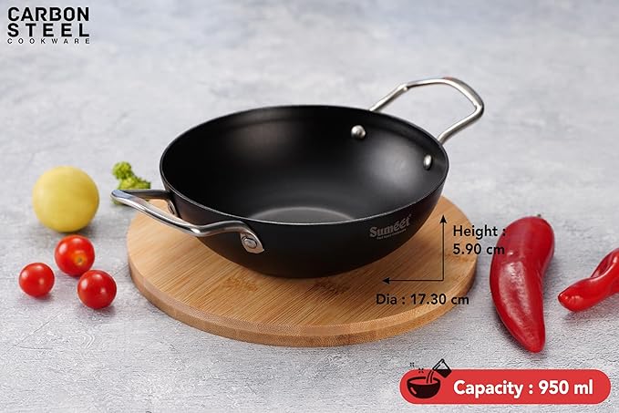 Sumeet Super Smooth Pre Seasoned Carbon Steel (Iron) Deep Kadai 17.3cm | 950ml Black