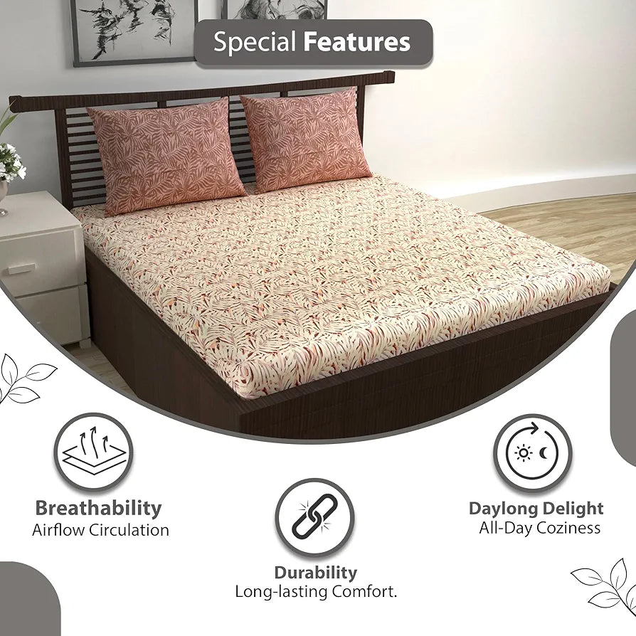Divine Casa 144 TC 100% Cotton Double Bedsheet with 2 Pillow Covers Tropical Leaf Colour Cream Brown